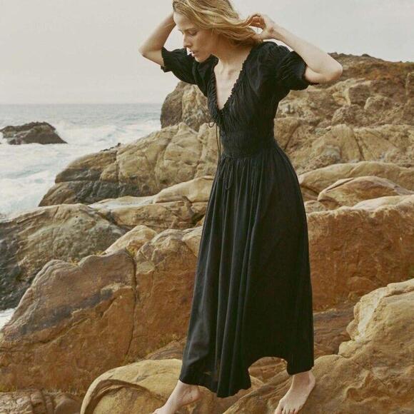 Doen Ischia Maxi Dress Smocked Puff Sleeve Solid Ruffle Badydoll Navy S 275610 - Picture 2 of 15